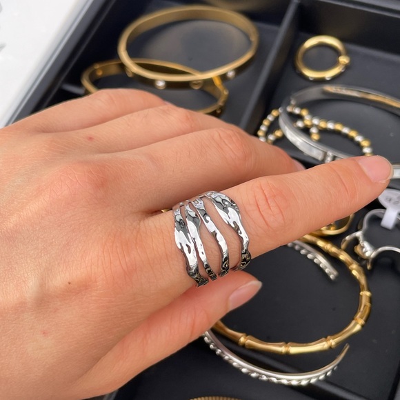 Silver-Tone Stainless Steel Adjustable Wave Ring | Minimalist and Artistic - Picture 5 of 6